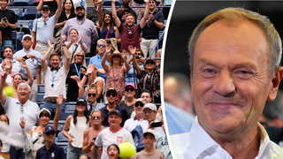 En bild på glada människor på en läktare och en annan bild på Polens premiärminister Donald Tusk som ser glad ut.