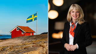 Bild på röd stuga, svensk flagga och PwC:s svenska vd Helena Kaiser de Carolis
